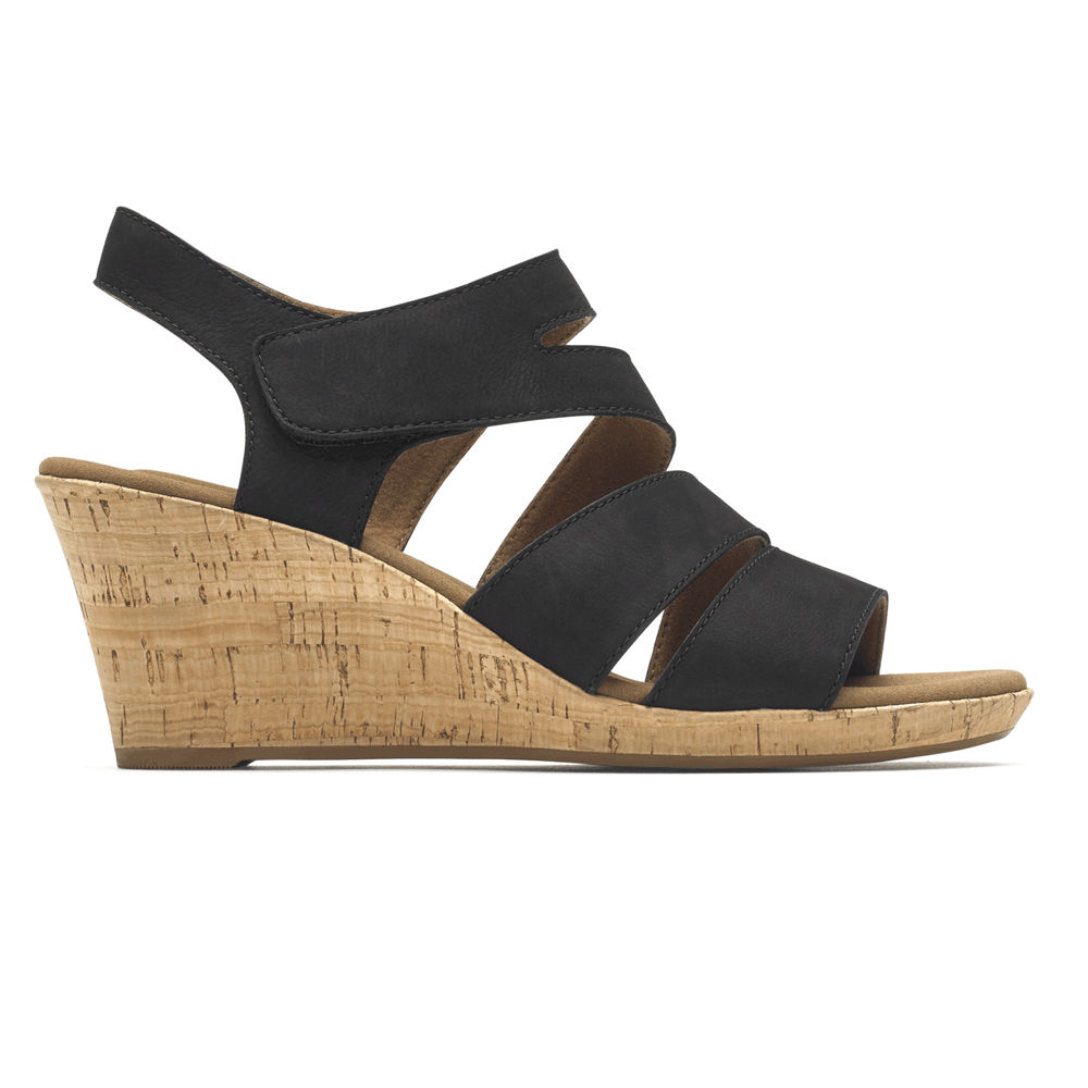 Rockport Womens Briah Strappy Wedge Comfort - Sandals Black - PVU046781